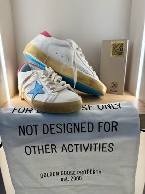 Golden Goose Kids White Leather Sneakers with Blue Star and Pink Heel
